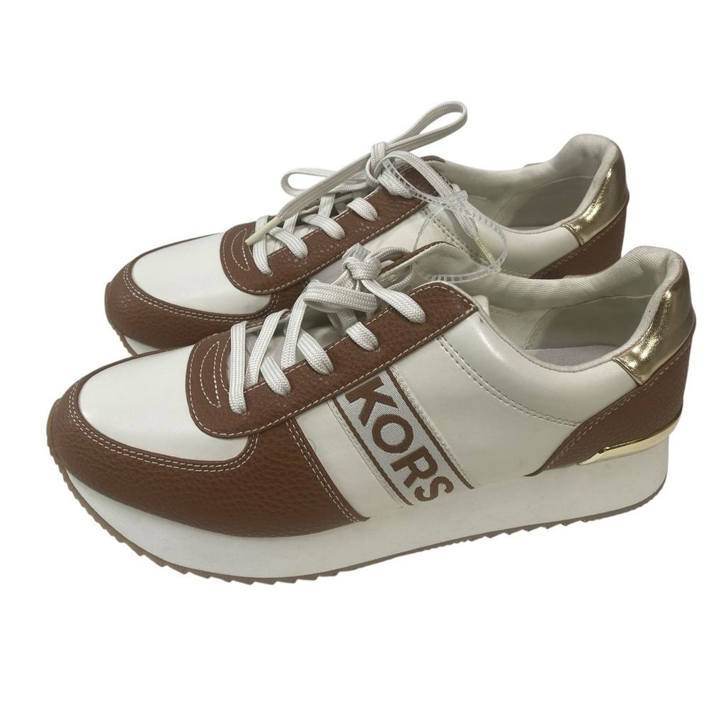 NWOB Michael Kors Lace up MK Signature Print Sneaker Shoes White Brown 9.5 PU